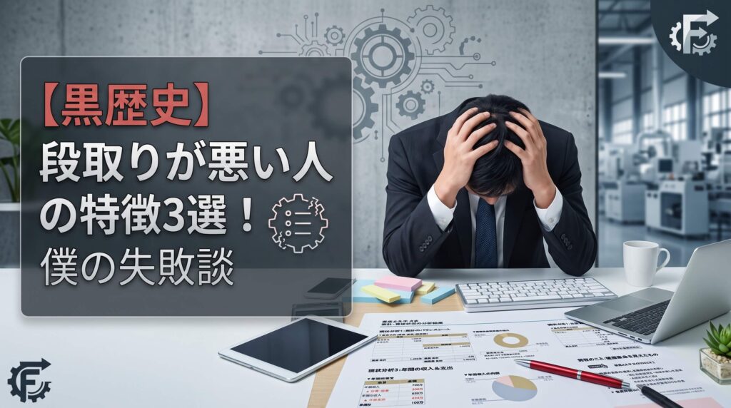 「【黒歴史】段取りが悪い人の特徴3選！僕の失敗談」をイメージした画像です。