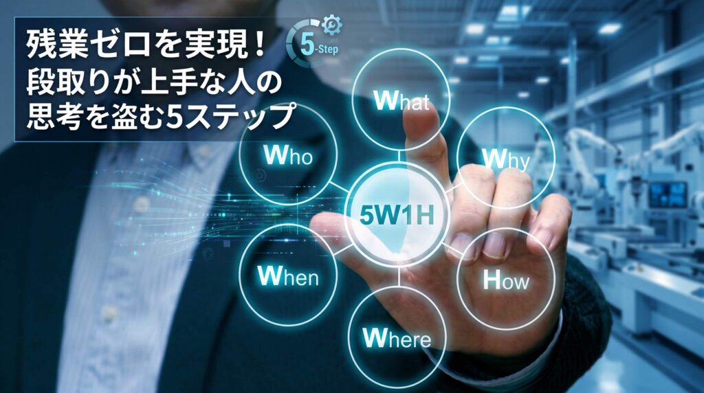 「残業ゼロを実現！段取りが上手な人の思考を盗む5ステップ」をイメージした画像です。